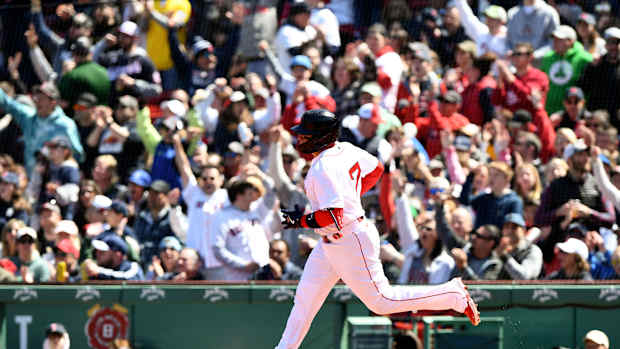 Boston Red Sox catcher Christian Vazquez runs the bases.